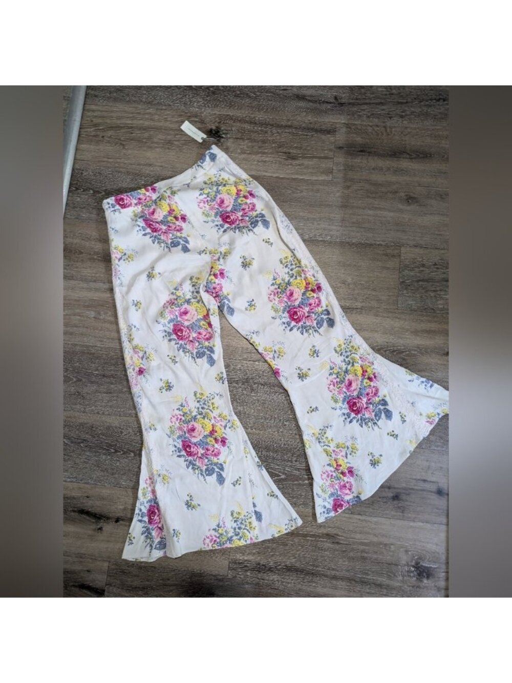 Anthropologie Floral Lace Silky Flare Pants Ivory Size 12 New - Picture 4 of 12